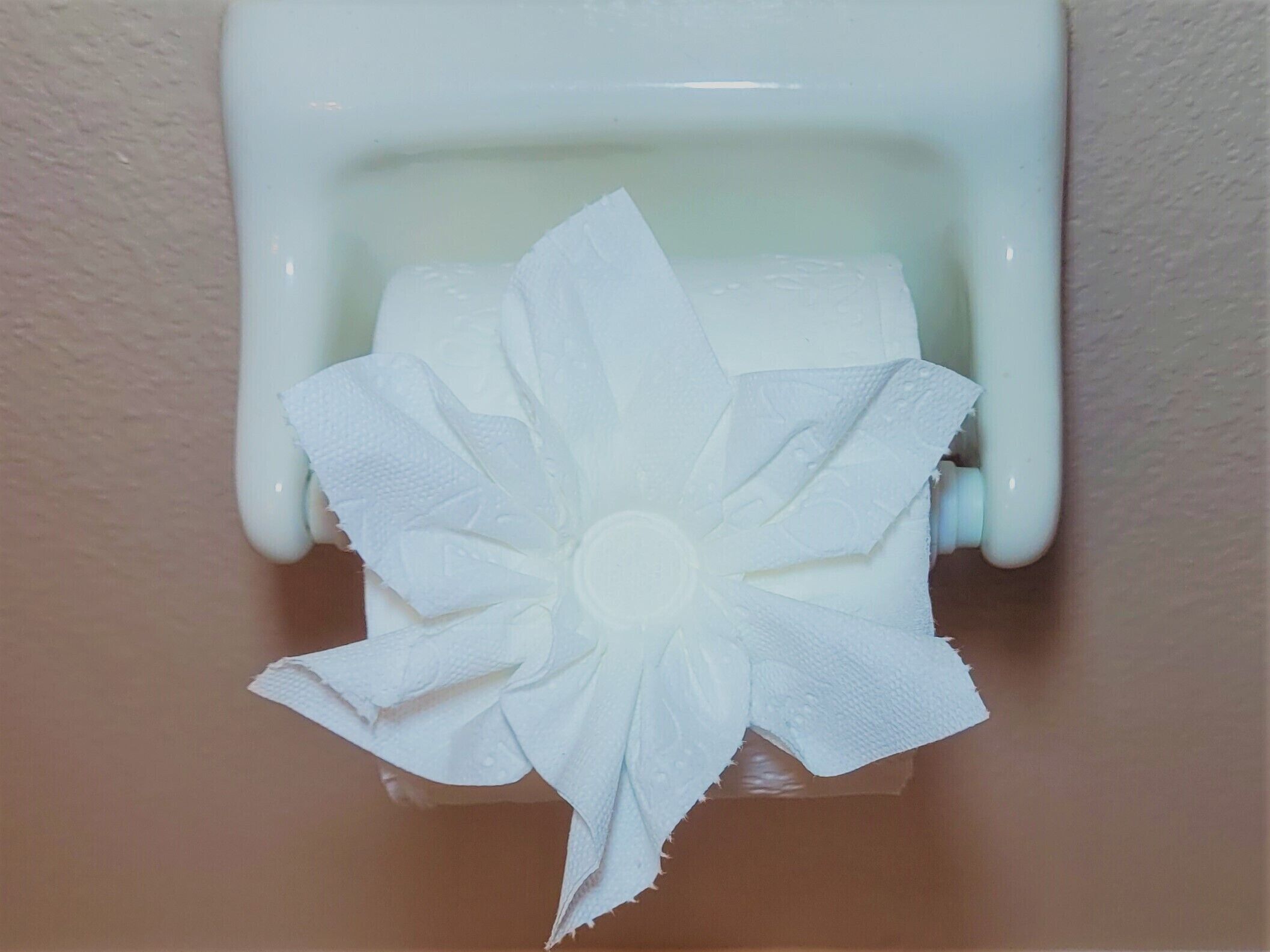 A toilet paper dispenser with a white paper towel roll.