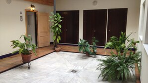 A spacious indoor area with a tiled floor, several potted plants, and a wooden door.