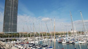 Un port de plaisance où sont amarrés de nombreux voiliers, un grand immeuble en arrière-plan et un ciel bleu dégagé.