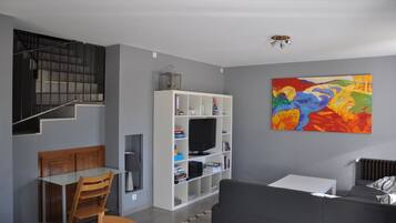 Tv, dvd-spelare, ett bordtennisbord och böcker