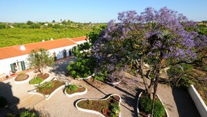 Un edificio con techo de tejas rojas, rodeado de jardines ajardinados con diversas plantas y un árbol grande con flores moradas.