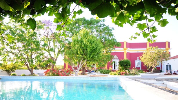Una piscina con un diseño geométrico de azulejos, rodeada de frondosos árboles verdes y un edificio de fachada roja y detalles blancos.