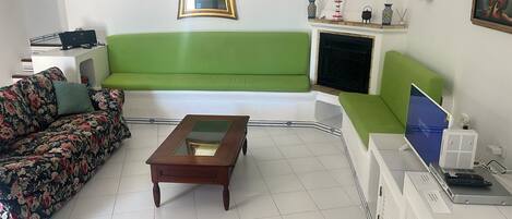 A living room with a green sofa, a floral couch, a wooden coffee table, a fireplace, and a television.