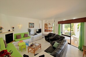 Televisio, takka, DVD-soitin, pöytätennispöytä