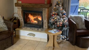 A cozy living room with a fireplace, a Christmas tree, and comfortable seating. - Very beautiful 3* Cottage on the riverside, quiet in a green setting (Nans-Sous-Sainte-Anne)