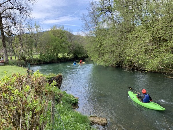 Une rivière paisible où l’on peut faire du kayak, bordée d’une végétation luxuriante et d’arbres.