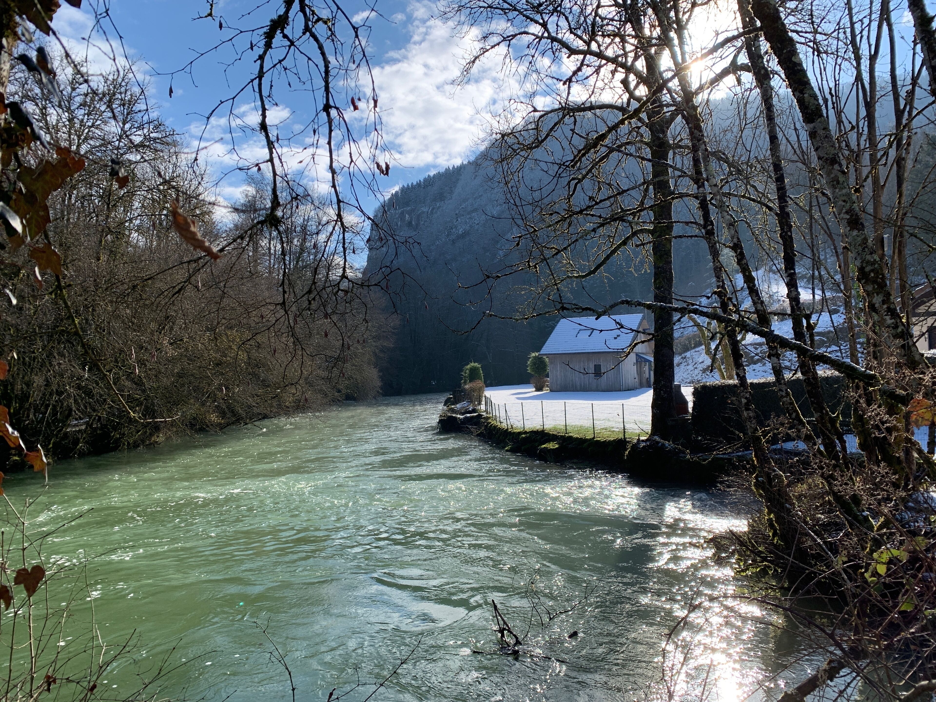 A river flowing through a forested area with a house on the right bank.