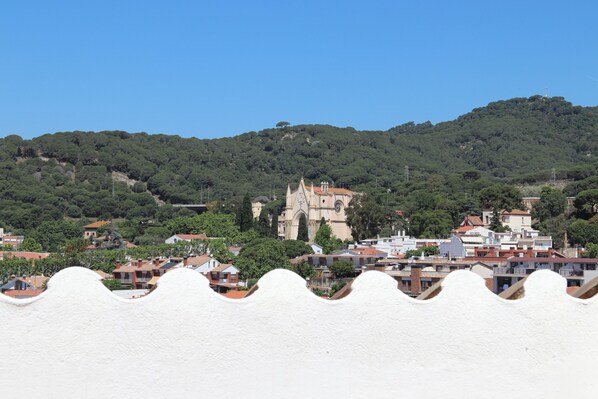 Vista de un pueblo con una iglesia destacada y edificios residenciales.