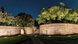 Ein nächtlicher Blick auf eine historische Steinbrücke mit einem gepflasterten Weg, der hindurchführt, umgeben von Bäumen und beleuchtet von Straßenlaternen.