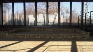 Un espace extérieur abrité, doté d’un escalier en pierre menant à une plateforme d’observation, le tout entouré d’arbres et d’une clôture.