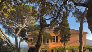 Una casa con techo de tejas, rodeada de árboles y un jardín.