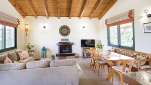 Een woonkamer met houten plafond, een open haard, een televisie, een eettafel met stoelen en een bank.
