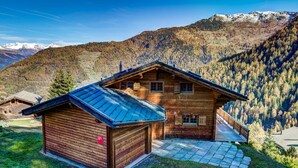 Une cabane en bois située en montagne, avec un toit en pente, un petit porche et un chemin de pierre menant à l’entrée.