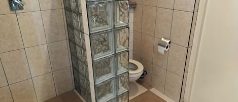 A bathroom with a glass shower enclosure, a toilet, and a paper towel dispenser.