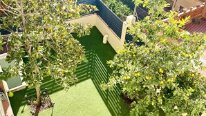 Un jardin sur le toit, doté d’une pelouse artificielle, entouré d’arbres et d’immeubles.