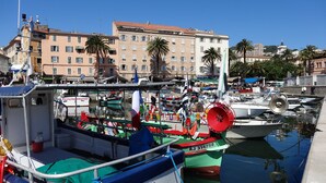 Marina com barcos atracados, cercada por edifícios e palmeiras.