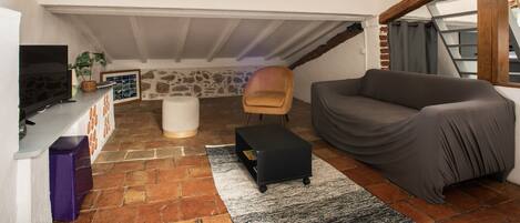 A cozy living room with a stone fireplace, a covered sofa, a TV, and a small table with a plant.