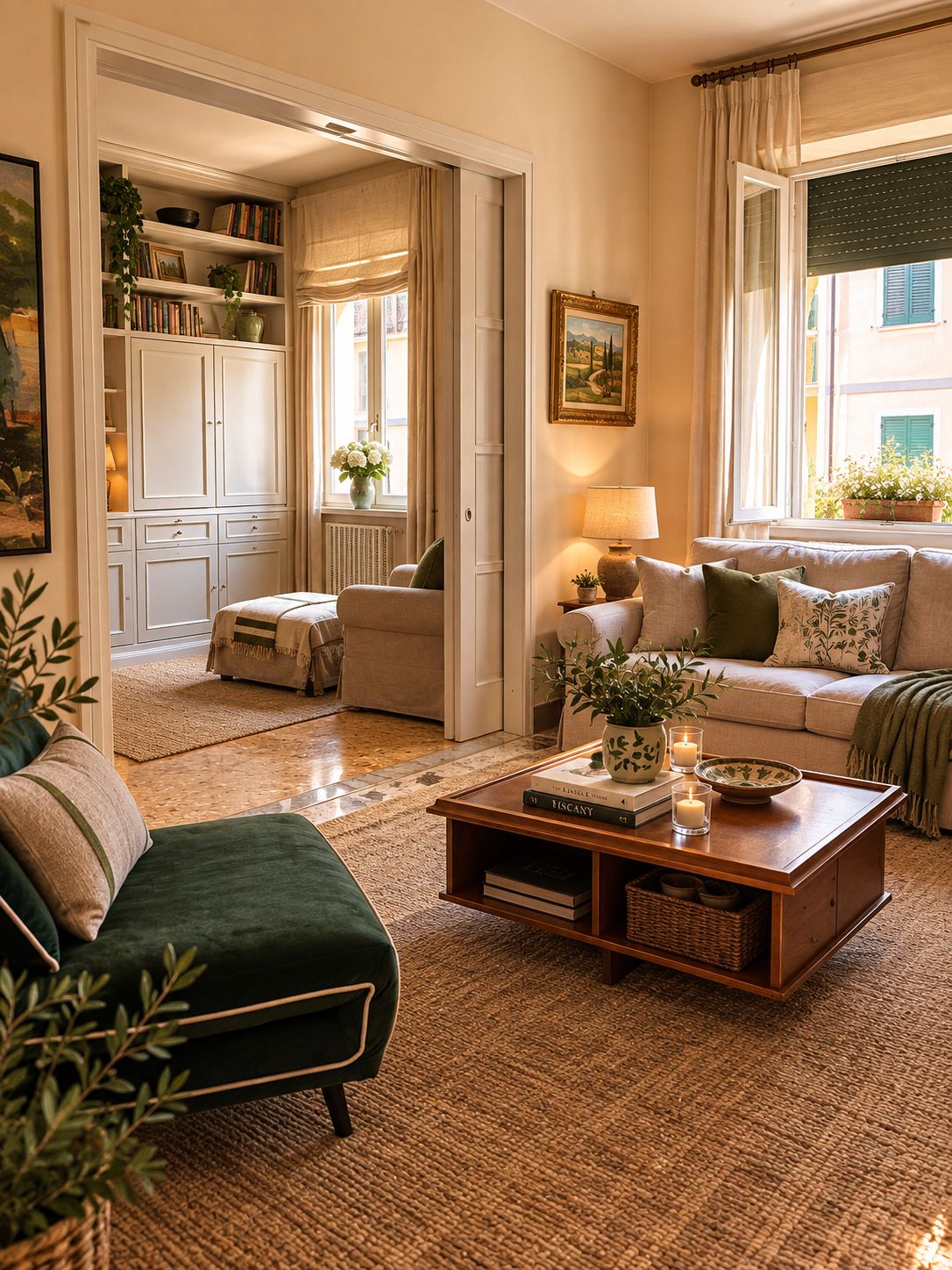 A cozy living room with a green sofa, a wooden coffee table, and a bookshelf.