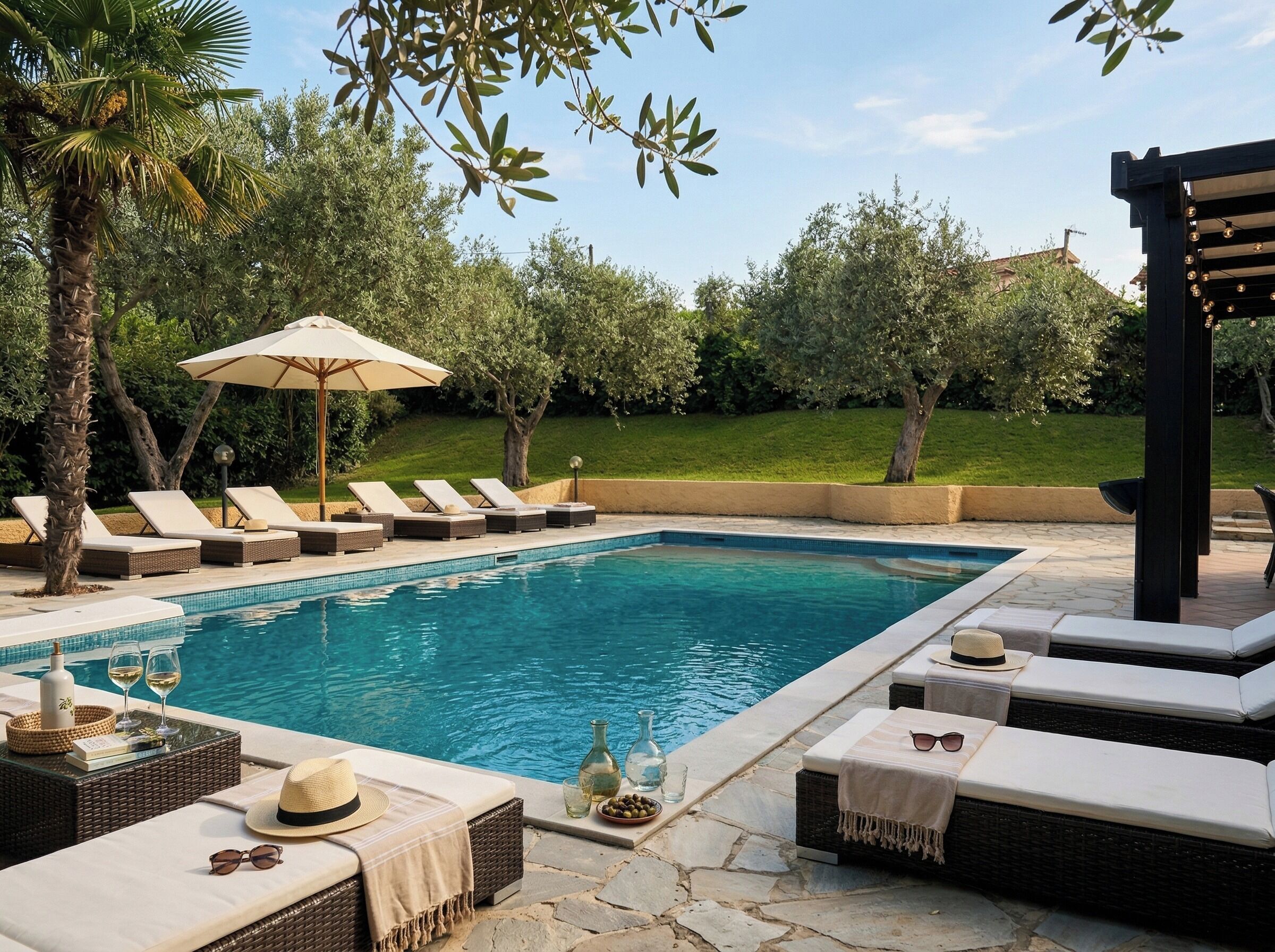A swimming pool with lounge chairs and umbrellas, surrounded by greenery.