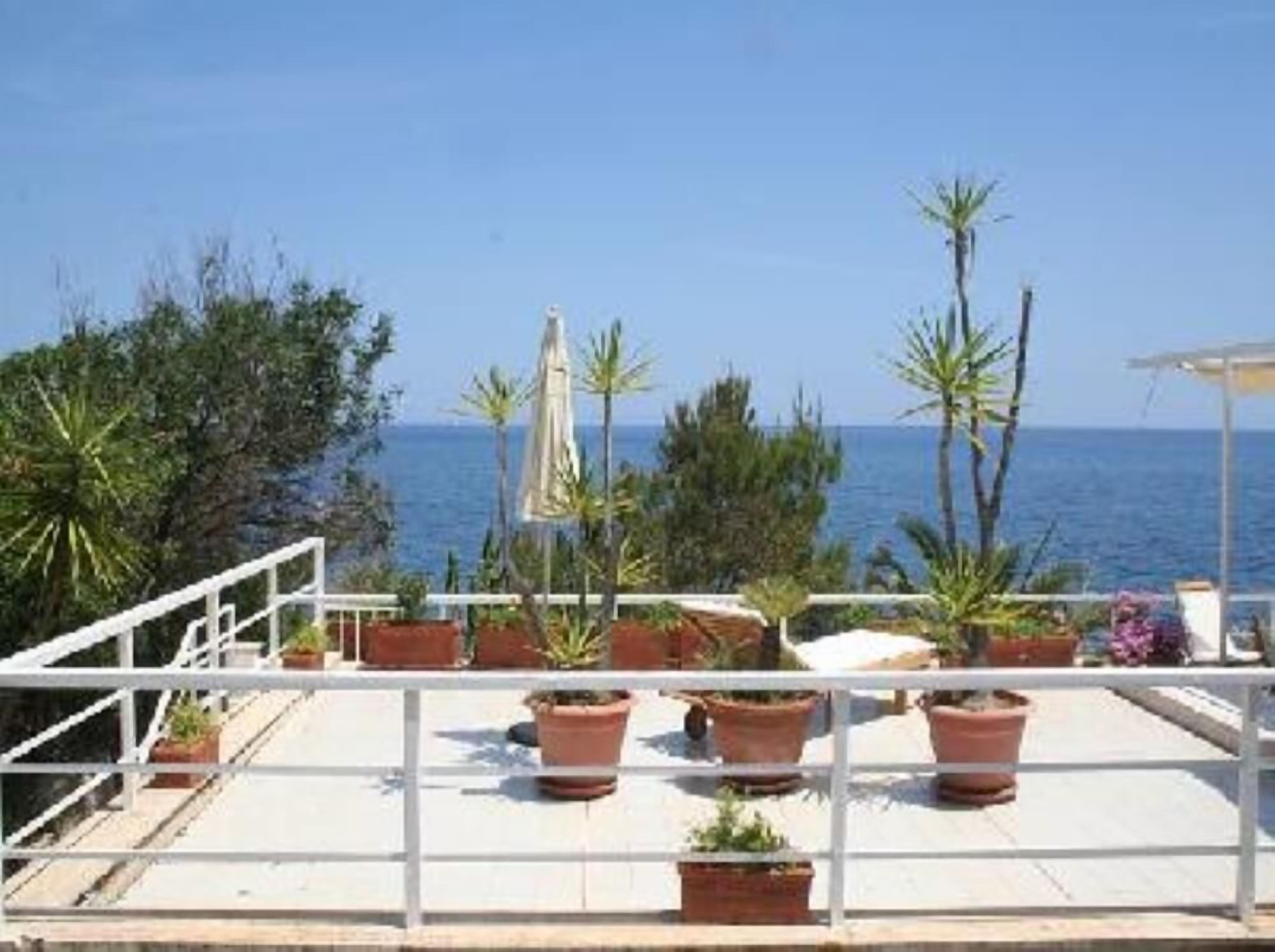 Una terraza en la azotea con plantas en macetas, barandilla blanca y vistas al mar.