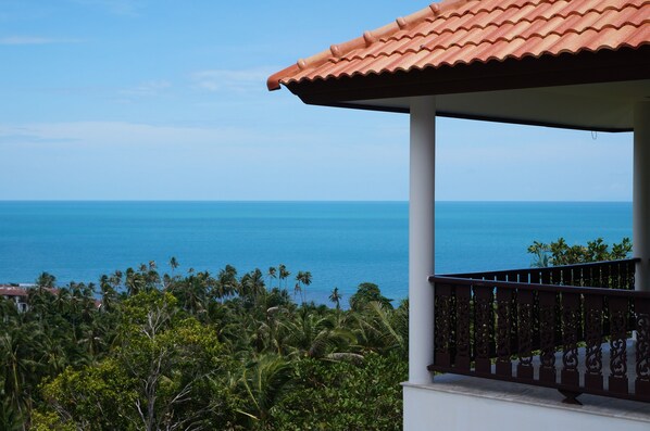 A balcony with a view of the ocean and palm trees.