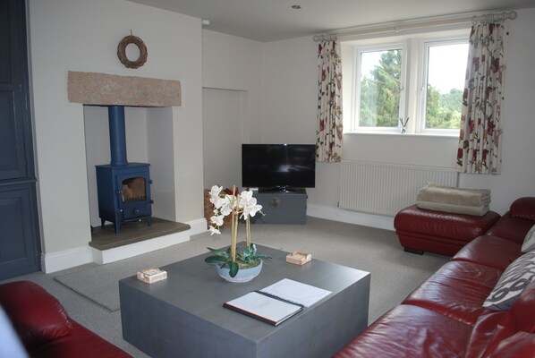 A living room with a blue wood-burning stove, a flat-screen TV, a red leather sofa, a coffee table with a vase of flowers, and a window with floral curtains. - Luxury Cottage, Peak District, Derbyshire, Carsington Lake views, Starlink WiFi (Hopton, Matlock)