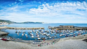 A coastal marina with numerous boats docked, a pier, and a stone wall enclosing the water. - Homestead, Lyme Regis is a cosy riverside cabin, 10 mins walk from the beach (Lyme Regis)