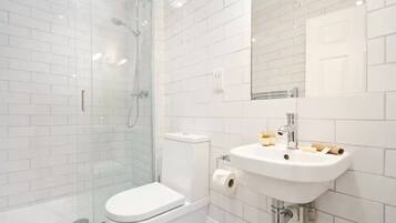 Shower, hair dryer, towels, soap