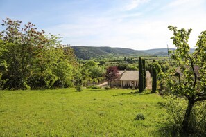 Paesaggio rurale con una casa circondata da campi verdi e alberi rigogliosi.