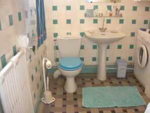 Combined shower/bathtub, hair dryer, towels, soap