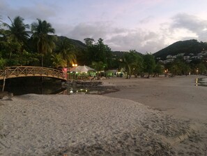 On the beach, sun-loungers, beach towels