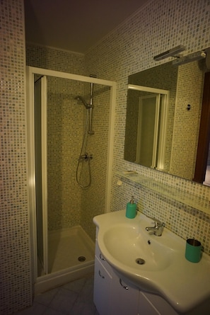 Shower, hair dryer, bidet, towels