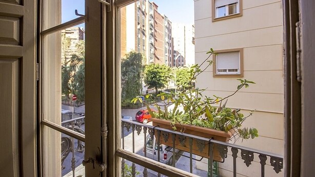 A view from a window with a balcony, featuring a potted plant, a street with cars, and buildings in the background.