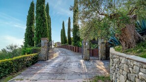 A stone pathway leading to a gated entrance with tall cypress trees and a stone wall on one side.
