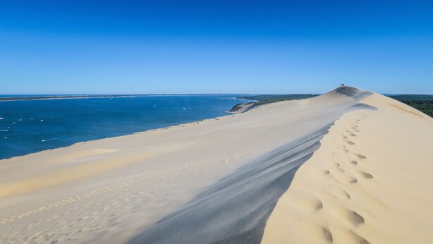 Ein Sandstrand mit Fußabdrücken, die zu einer Düne führen.