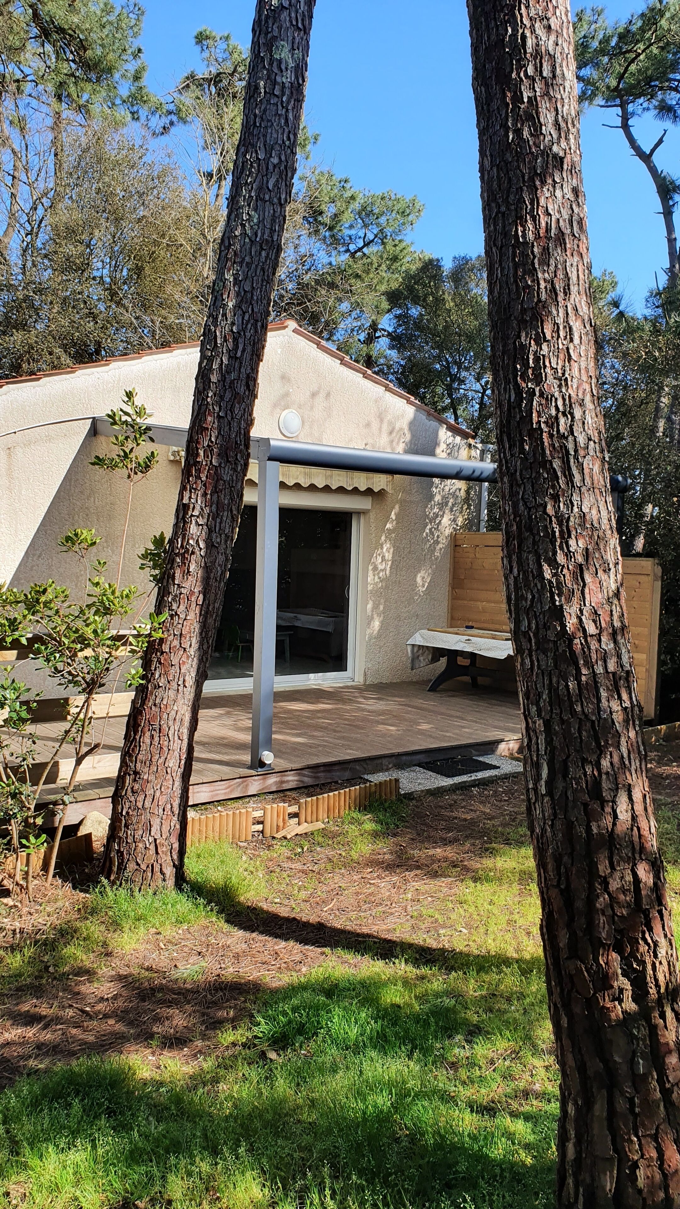 A covered patio area with a table and chairs, surrounded by trees and a building with a sloped roof.