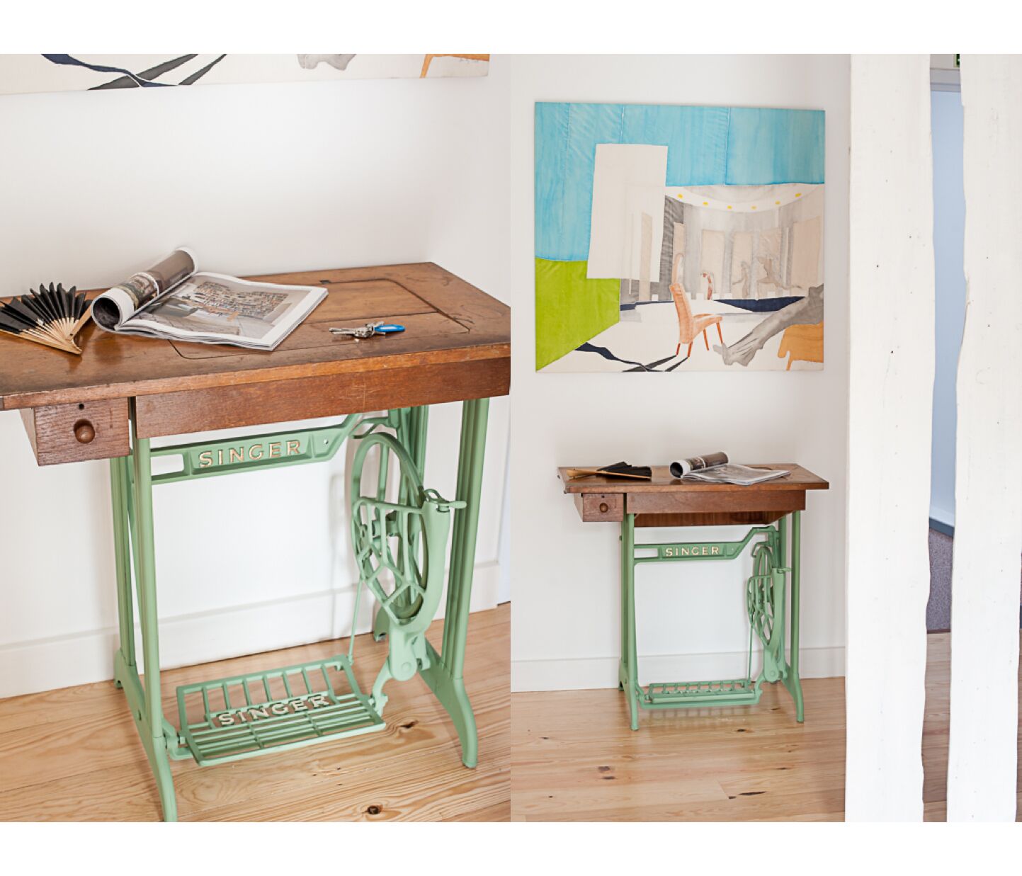 A room with two Singer sewing machines, one on a wooden table and another on a green metal table.