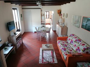 Smart TV, fireplace, books