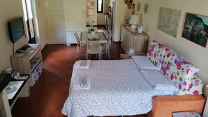 Una habitación acogedora con cama, televisor, escritorio y zona de comedor.