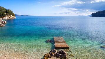 On the beach, sun-loungers, beach towels
