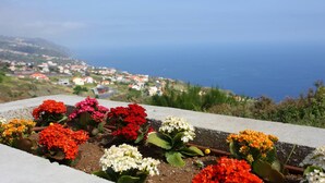 A coastal view with a garden of colorful flowers in the foreground and a town in the background. - Villa Clementina | Cliffs & Ocean | Heated Pool 26ºC (Prazeres)