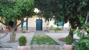 A courtyard with a stone pathway leading to a door, surrounded by potted plants and trees. - Wonderful villa with pool in a panoramic position at the gateway to Cilento. (Ogliastro Cilento)