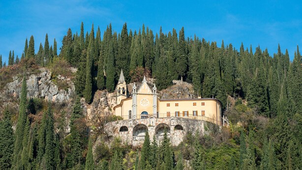 Un edificio histórico con una torre de campanas, ventanas en arco y un reloj, rodeado de un bosque denso.