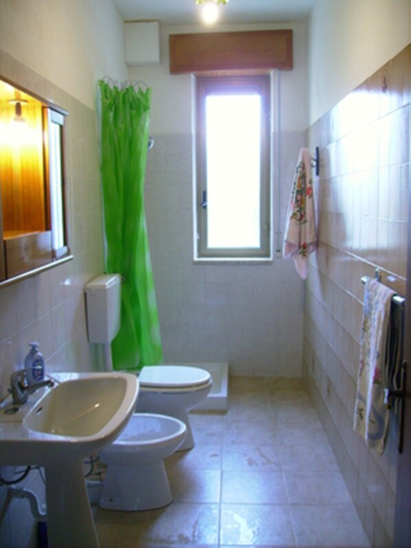 A small bathroom with a sink, two toilets, a green shower curtain, and a window.