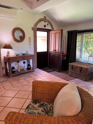 Smart TV, lareira, DVD player, livros