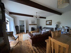 Télévision, cheminée, lecteur de DVD, livres