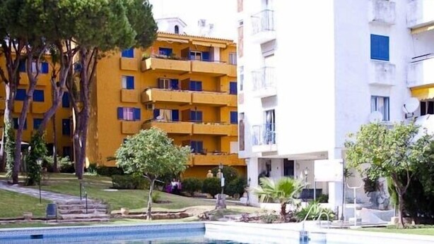 Une piscine à l’eau d’un bleu cristallin, entourée d’une pelouse bien entretenue et d’arbres.