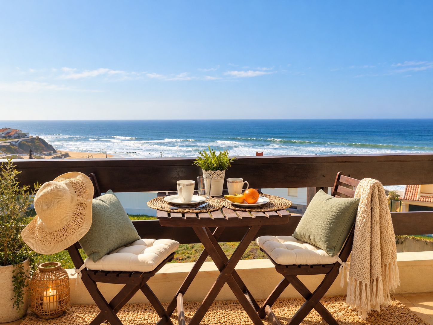 A table set on a balcony with a view of the ocean, two chairs, a hat, a candle, and a fruit bowl.