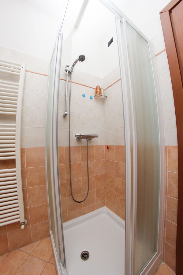 A glass-enclosed shower stall with a handheld showerhead and a wall-mounted faucet.
