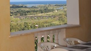 Un balcón con vistas a un paisaje costero, que incluye un puente y vegetación.